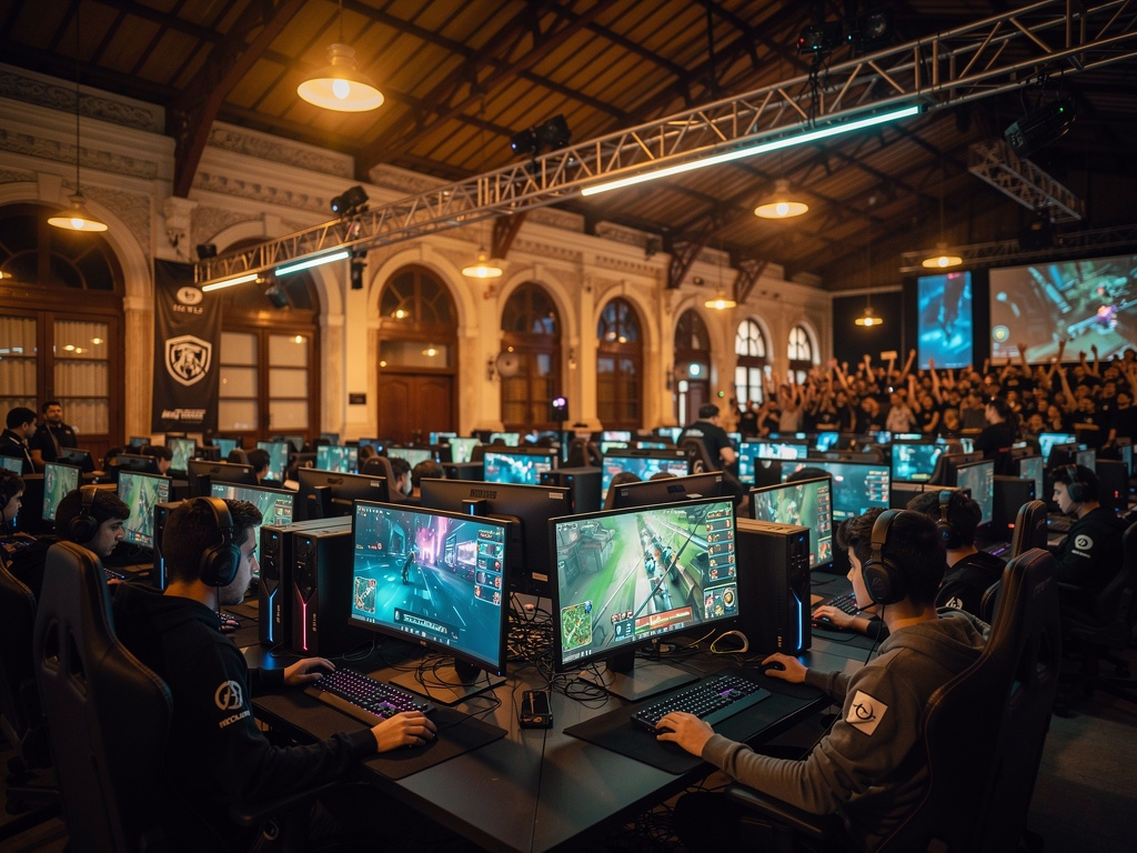 Torneo de esports en Montevideo con jugadores compitiendo en pantallas grandes