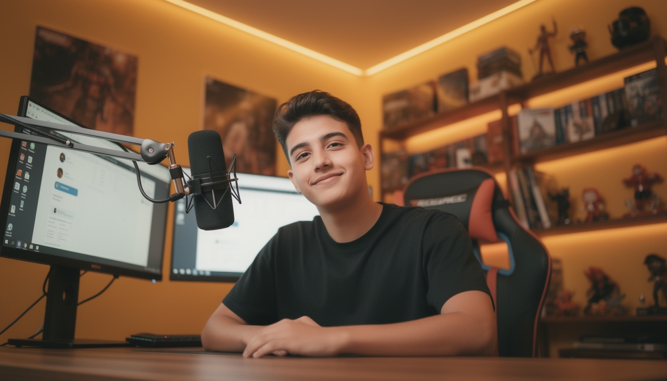 Creador de contenido uruguayo en su setup de streaming con iluminación cálida